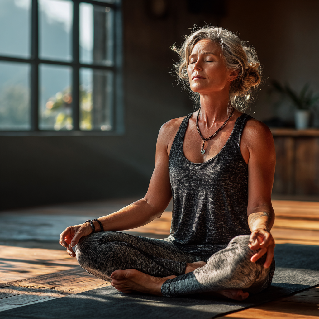 Mature woman in her late 40s practicing meditation pose on yoga mat in serene studio environment, demonstrating inner peace and mindfulness