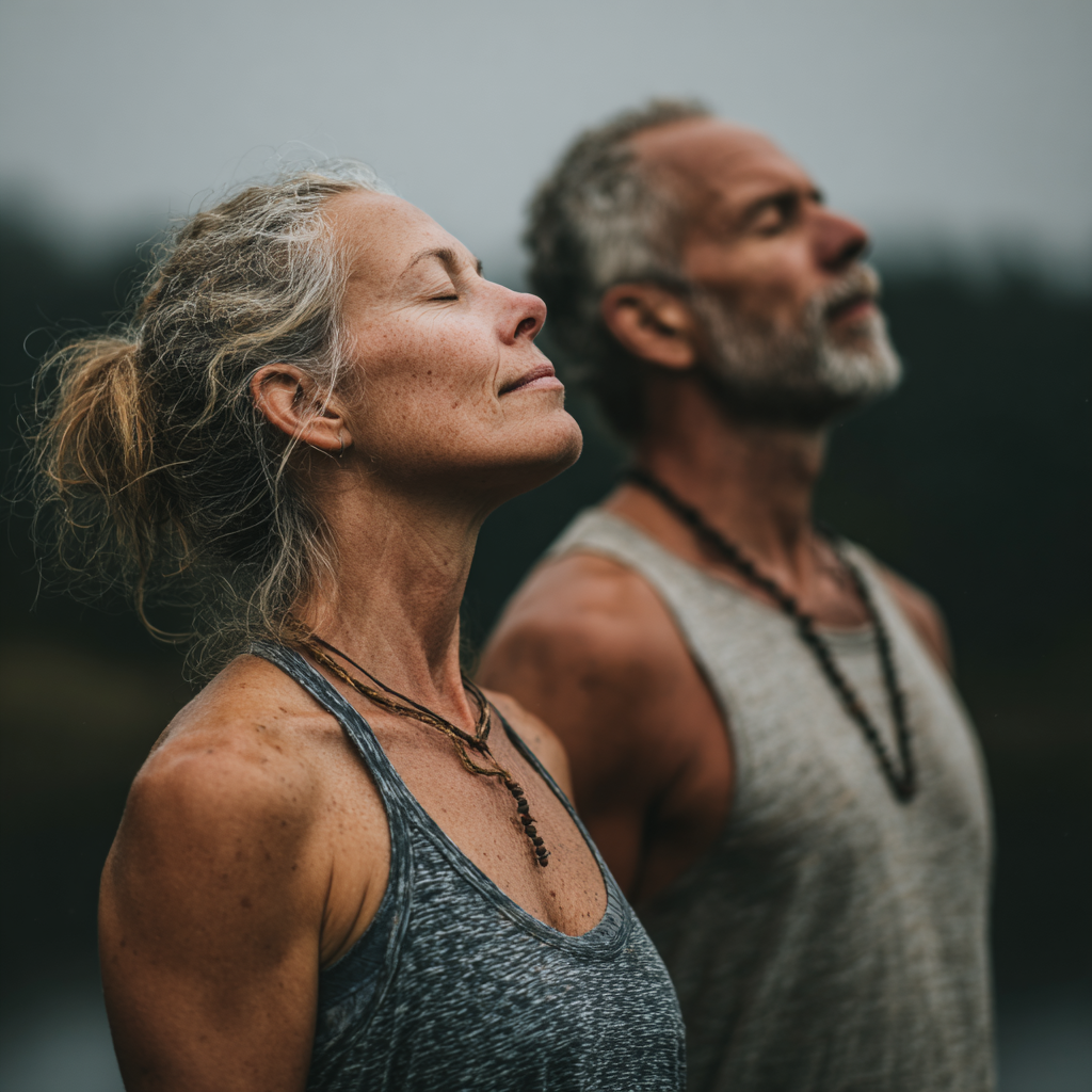 Middle-aged woman and man practicing yoga poses outdoors in peaceful nature setting, demonstrating balance and mindfulness, ages 45-52
