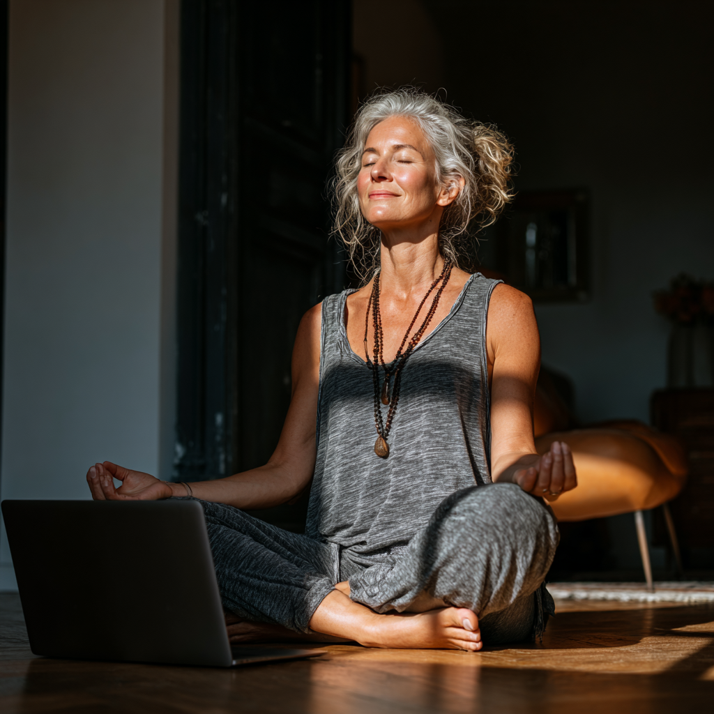 Professional yoga instructor in her early 50s teaching online class via laptop in bright home studio, engaging with virtual students